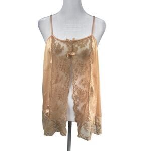 VTG 70s Open Front Baby Doll Camisole Sz M Satin Nylon Beige Lace Lingerie Sexy